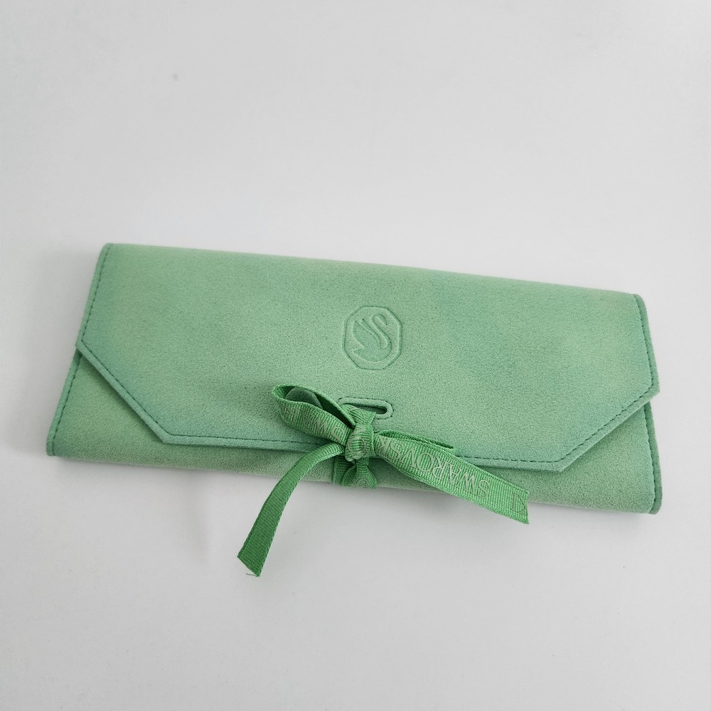 Swarovski Mint Green Faux Suede Travel‎ Jewelry Roll Organizer Ribbon Tie NEW